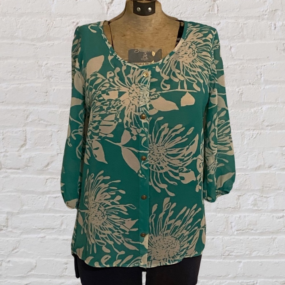 Everly Turquoise White Floral Print Scoop Neck Short Sleeve Button Up Top